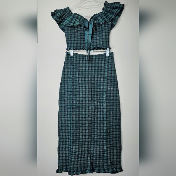 Free People Stretchy Annabeth Green Plaid Top & Skirt 2pc Set, Rainforest, MED - Picture 10 of 13